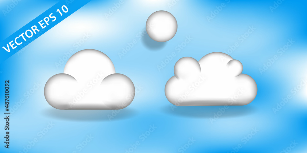 White 3d clouds set isolated on a blue background. Render soft round cartoon fluffy clouds icon in the blue sky White 3d clouds set isolated on a blue background. Render soft round cartoon fluffy clouds icon in the blue sky
