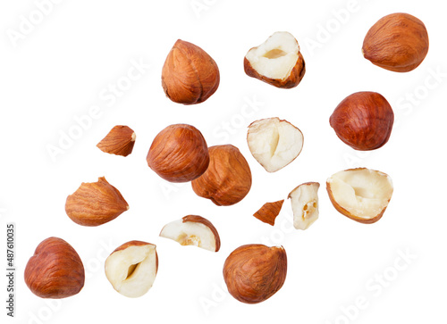 Falling hazelnuts whole and pieces on a white background. Isolated photo