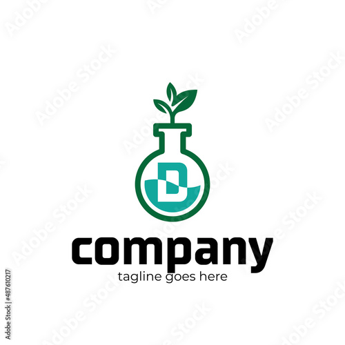 Chemistry lab letter D logo template, glassware and molecules isolated on white background.