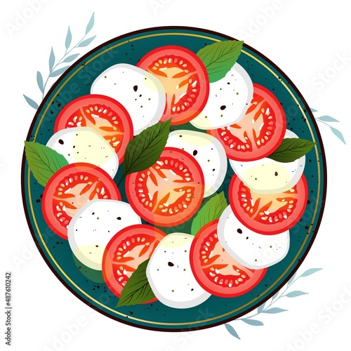Vector illustration of delicious caprese salad with ripe tomatoes and mozzarella cheese with fresh basil leaves. Italian food isolated on white background.