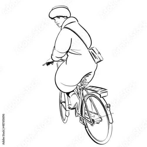 Fashion illustration of a beautiful woman dressed in a fur hat  fur coat and high heeled boots riding a bicycle looking back at the viewer. Cycling line drawing.