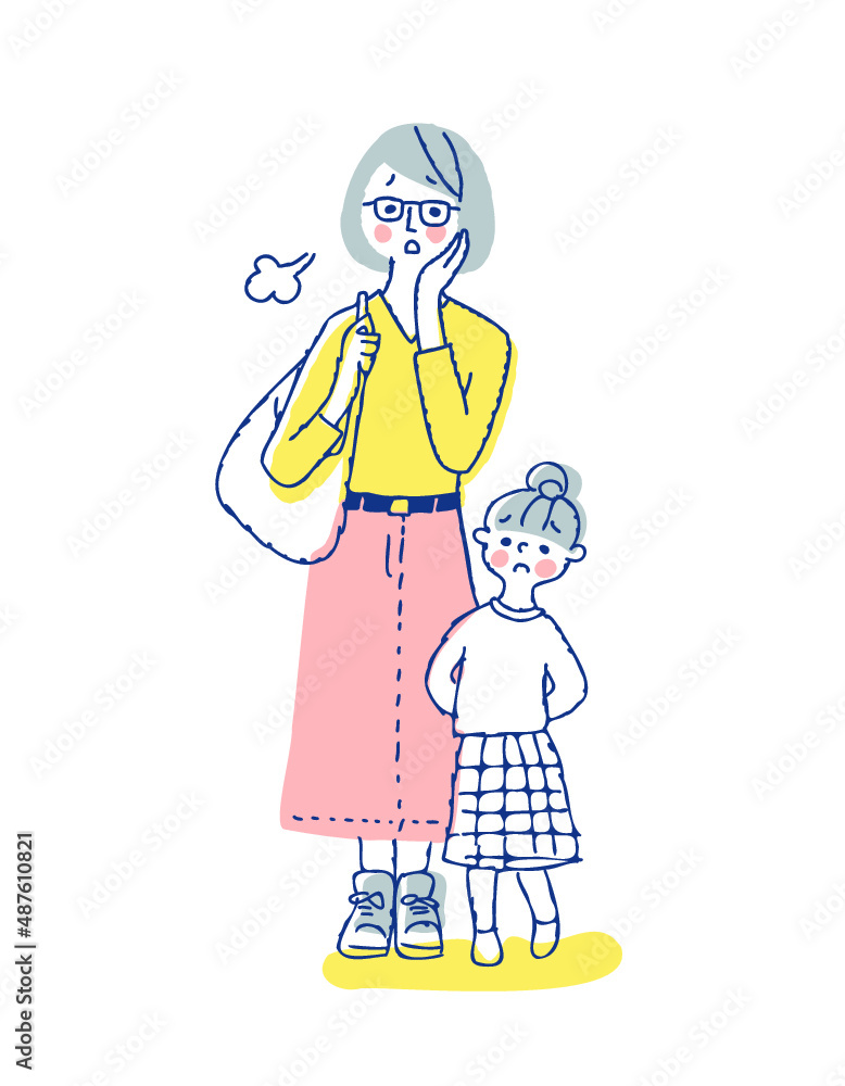 ママと女の子 困った表情 全身 ママと女の子 困った表情 全身