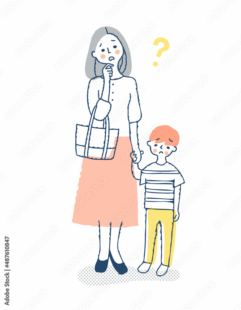 手を繋いでいるのママと男の子　困った表情　全身
