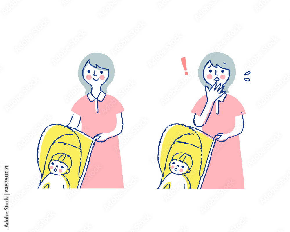 ベビーカーに乗る男の子とママ　笑顔と困った表情　上半身