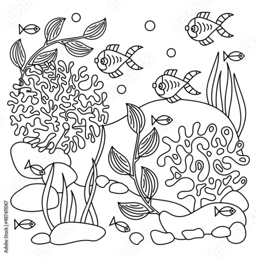 Underwater coloring book page for adult and older children. Fish and coral,algae seaweed , under sea world. Vector illustration