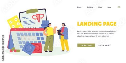 Female cartoon patient consulting gynecologist. Woman asking doctor about fertility flat vector illustration. Pregnancy, birth control, medicine concept for banner, website design or landing web page