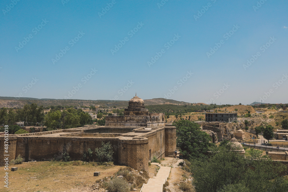 Panoramic View to the Ruins of the Shri Katas Raj Temples, also known as Qila Katas, complex of several Hindu temples in Punjab province, Pakistan Panoramic View to the Ruins of the Shri Katas Raj Temples, also known as Qila Katas, complex of several Hindu temples in Punjab province, Pakistan