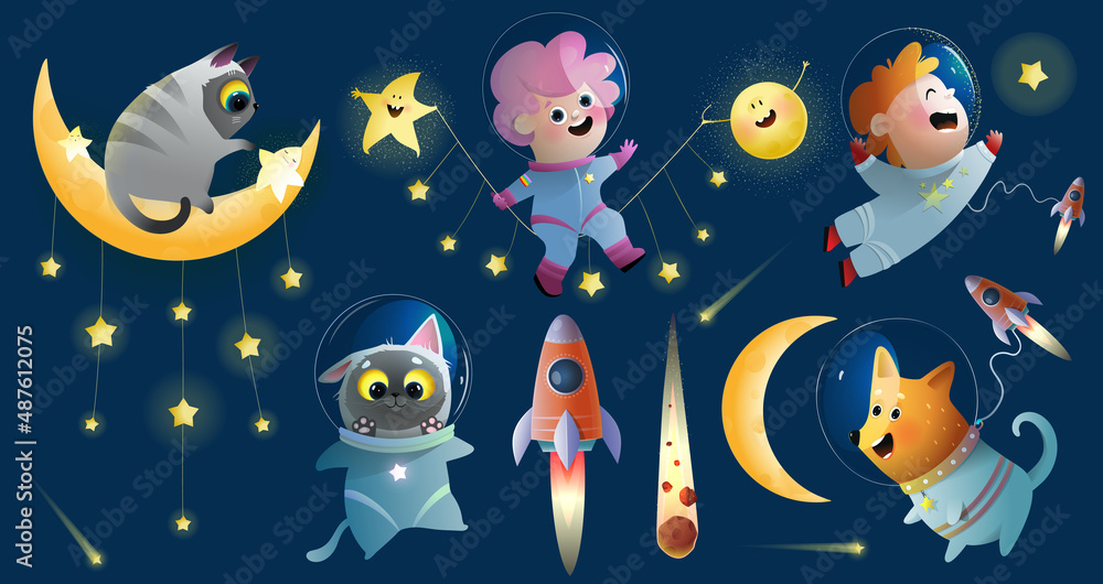Space travel with kids, dog and cat, golden moon and a star. Boy and girl, animals cosmonaut characters cartoon clip art galaxy for children. Vector kids clipart space collection. Space travel with kids, dog and cat, golden moon and a star. Boy and girl, animals cosmonaut characters cartoon clip art galaxy for children. Vector kids clipart space collection.