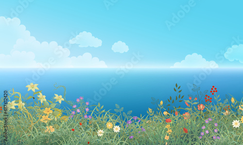 Sea and sky landscape wallpapers with flowers and grass