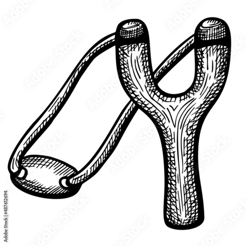 Slingshot sketched isolated. Vintage boy toy in hand drawn style.