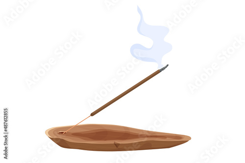 Aroma stick on wooden incense burner with smoke in cartoon style isolated on white background . Aromatherapy and meditation, 