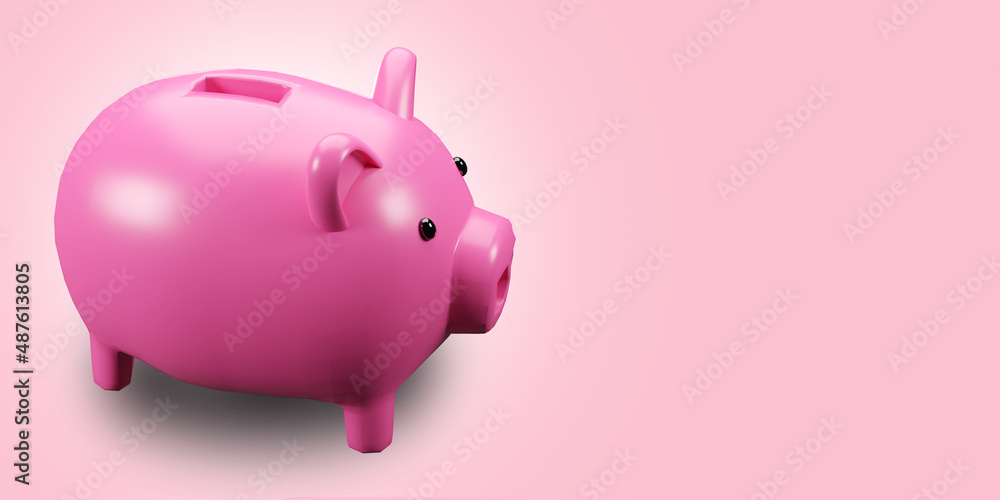 No.3 pink pig piggy bank 3D rendering on pink background with clipping path.Empty space for text.