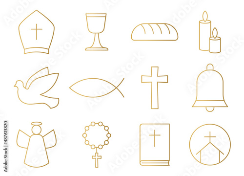 Foto set of golden christian, catholic religion icons; bishop hat, chalice, bread, ca