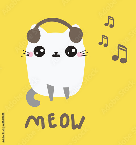 Cute cat with headphones listening to music/ meowing (singing songs). A kitten in a cartoon hand-drawn style, isolated on a yellow background. Musical concept, party, festival... Vector illustration.