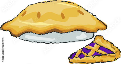 Full baked Apple Pie and a cute slice on the side. Traditional American dessert Isolated.