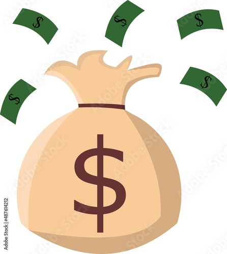 Vector illustration of money bag with dollar bills in the air