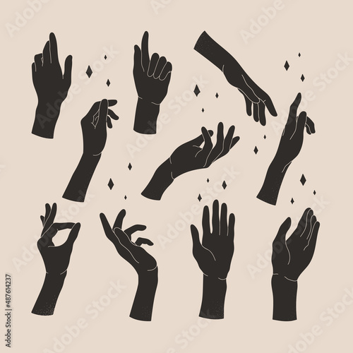 Abstract black silhouette woman hands gestures set. Graphic bohemian modern minimalist elements. Wall prints aesthetic. Vector illustration in cartoon style. Isolated on white background.