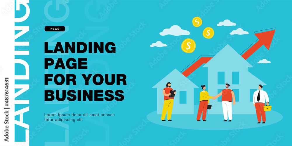 Fototapeta premium Sale or rent of real estate between agent and client. People investing in buying houses due to rising cost of real estate flat vector illustration. Property investment, growth of market concept