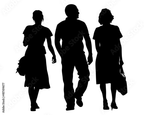 Big crowds people on street. Isolated silhouette on a white background