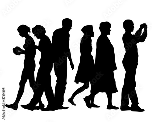 Big crowds people on street. Isolated silhouette on a white background
