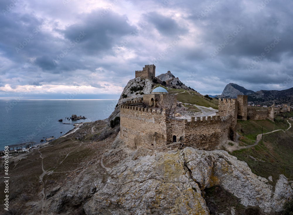 Genoese fortress in Sudak on a gloomy winter evening