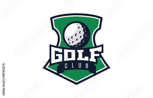 Logo, golf emblem. Colorful golf ball logo on the background of the shield. Sports club, team logo template. Badge, icon, ball, shield. Isolated vector illustration on white background