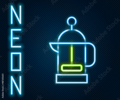 Glowing neon line French press icon isolated on black background. Colorful outline concept. Vector