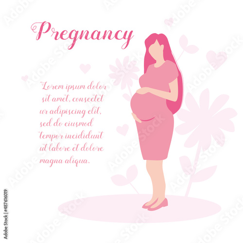 Type of pregnancy resources. Pregnant woman character holding her belly. Child planning. The concept of motherhood, prenatal intrauterine development. Flat cartoon illustration.