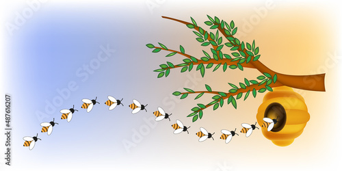 Flight of wild bees, swarm, honey collection, summer apiary. Beehive on a tree branch. The life of insects and the surrounding nature. Wasps near the hive. Way back home. Vector illustration
