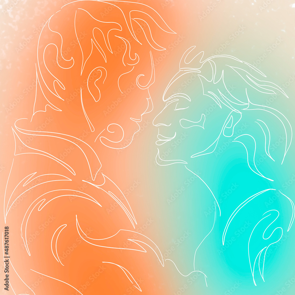 drawing of a silhouette line of a woman and a man in profile on a colored background drawing of a silhouette line of a woman and a man in profile on a colored background