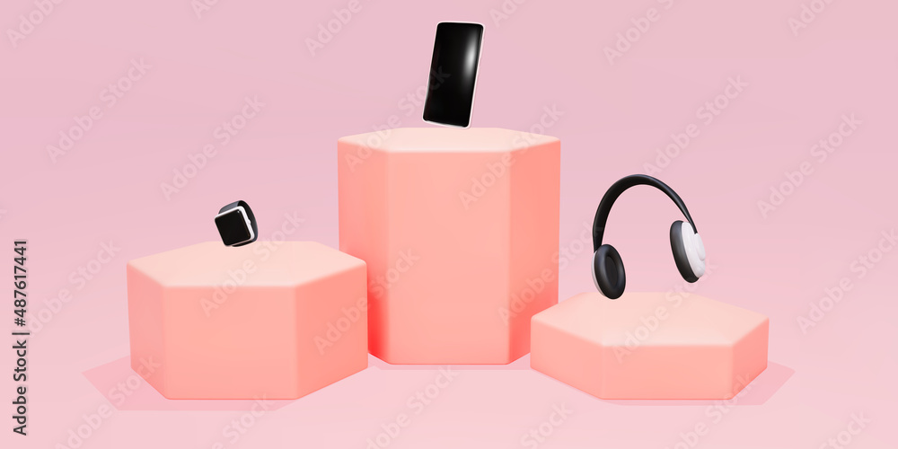 Orange podium with prisms on a pink background. Vector illustration. Orange podium with prisms on a pink background. Vector illustration.
