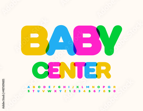 Vector colorful logo Baby Center. Creative bright Font. Childish set of Alphabet Letters and Numbers