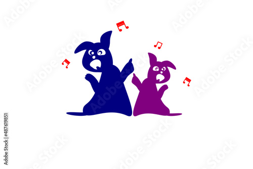 Duo dog cartoon different size and color funny dance gesture with music symbol for weekend or holiday isolated on white background. Cartoon funny and Music Dance concept.