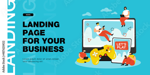 Tiny gamers playing in video multiplayer games online. People gaming, using vr headset device, tablet and phone, laptop flat vector illustration. Virtual reality, cross platform, entertainment concept