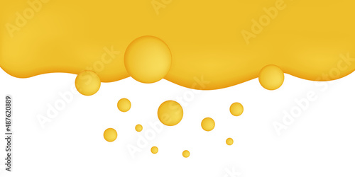 3d honey drip. Flow of yellow liquid. Honey syrup wave or mango pulp on yellow background, texture. Sticky caramel  flows down. Dripping liquid of tasty drink. Butter, sugar syrup. Vector