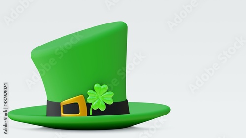 Lucky green hat with shiny clover for Saint Patrick's Day. High-Quality Patrick's Hat Isolated on white or black Background 3D Illustration, 3D Render.