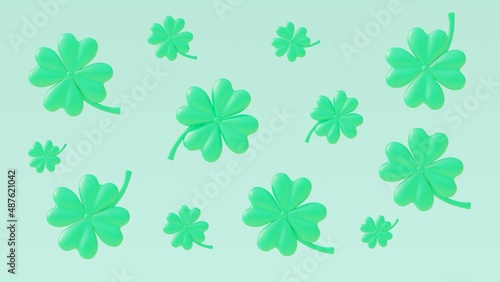 Lucky green clovers for Saint Patrick's Day. 3D rendering.  