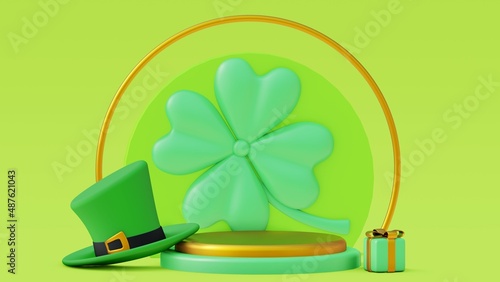 Modern green pedestal podium, Light green empty room with lucky hat and clover. Cosmetic products display presentation. Pastel room minimal scene can be used for St. Patrick`s Day. 3d render.