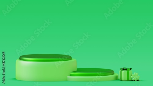 Modern green pedestal podium, Light green empty room. Cosmetic products display presentation. Pastel room minimal scene can be used for St. Patrick`s Day. 3d render.