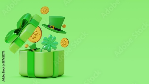 Saint Patrick`s Day design. Realistic gift boxes. Open a gift box with clover, lucky hat and golden coins. Holiday banner, web poster, flyer, stylish brochure, greeting card, cover. 3d render. 