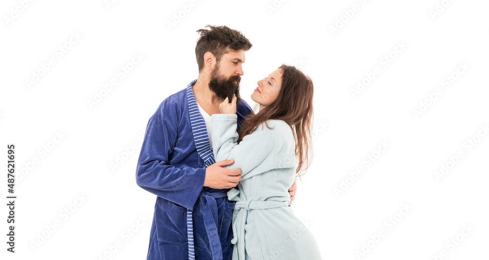 Weary but pleased. Couple in love. Family couple in robes. Sleepy man and woman. Good night Weary but pleased. Couple in love. Family couple in robes. Sleepy man and woman. Good night