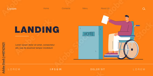 Disabled person on wheelchair putting voting paper in ballot box. Handicapped man at polling station flat vector illustration. Election, accessibility, government concept for banner, website design