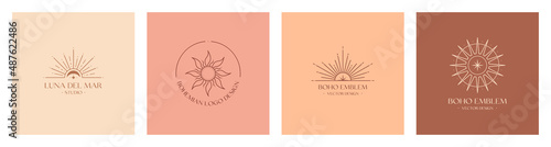 Set of vector bohemian logos.Boho linear icons or emblems with guiding star,crescent moon,sun and sunburst.Branding design templates.Letters with Luna del Mar means Sea Moon
