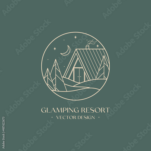Vector linear glamping emblem with abstract winter forest landscape and house or tent.Travel logo with spruces,snow hills,crescent moon.Modern hike,camp,nature reserve,outdoor recreation label