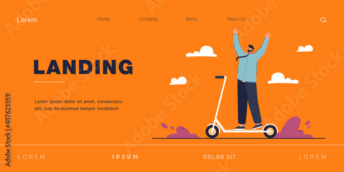 Happy man on scooter flat vector illustration. Man in suit enjoying life, riding scooter, moving around city quickly and with pleasure. Transport, electric scooter, hobby, modern technologies concept