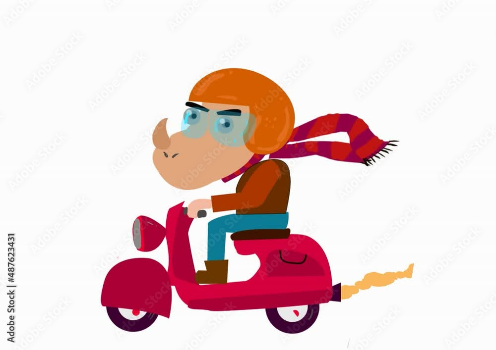 Animated rhino is fun to ride with its red scooter Animated rhino is fun to ride with its red scooter