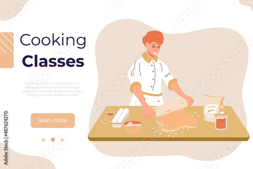 Cooking class vector banner. Culinary school, workshop or blog backdrop. People cooking at kitchen. Woman at kitchen rolling dough. Cheerful girl baking pie or cookies