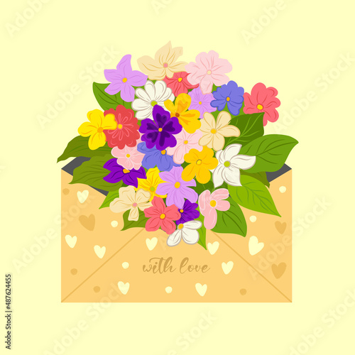 Bouquet of spring flowers inside the envelope and phrase with love. Love letter. Hand drawn trendy vector greeting card