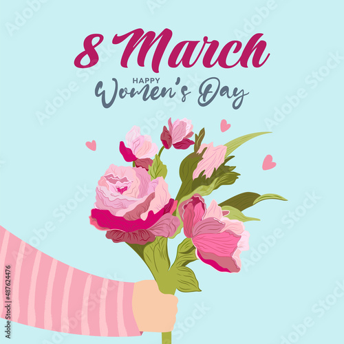 International Women's Day. 8 march. Vector template for card, poster, flyer or greeting card. Hand drawn arm holding a bunch of flowers