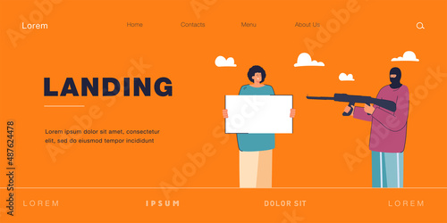 Criminal threatening protester with rifle. Man in mask pointing weapon at person holding banner flat vector illustration. Violence, demonstration concept for banner, website design or landing web page